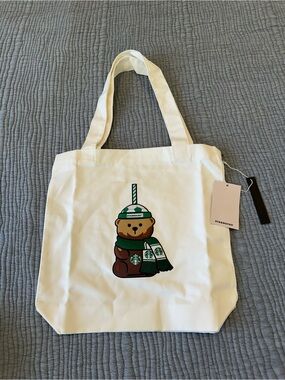 Starbucks Brown Bear Tote with Green Scarf and Hat Graphic